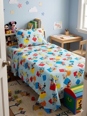 Vintage Disney Flat Sheet + Pillowcase Mickey Mouse Pluto Goofy Donald Duck
